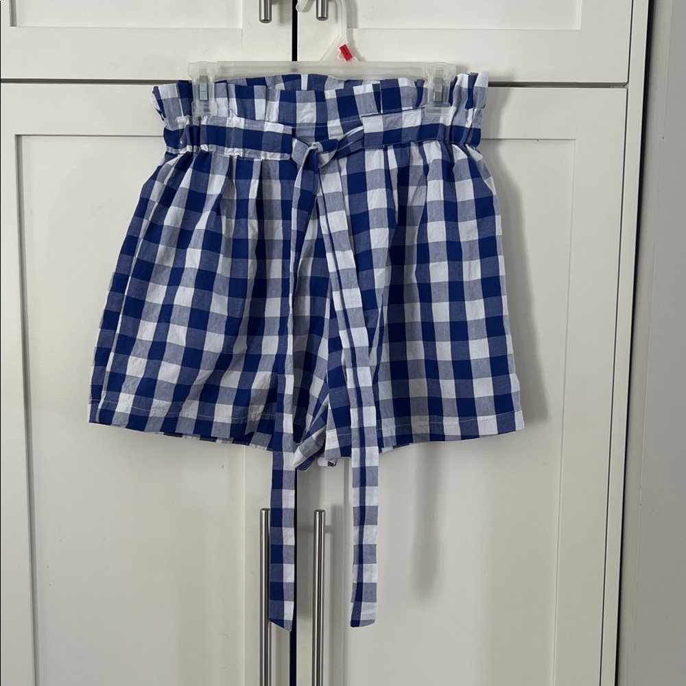 Joie Blue & White Gingham High-Waist Paperbag Shorts